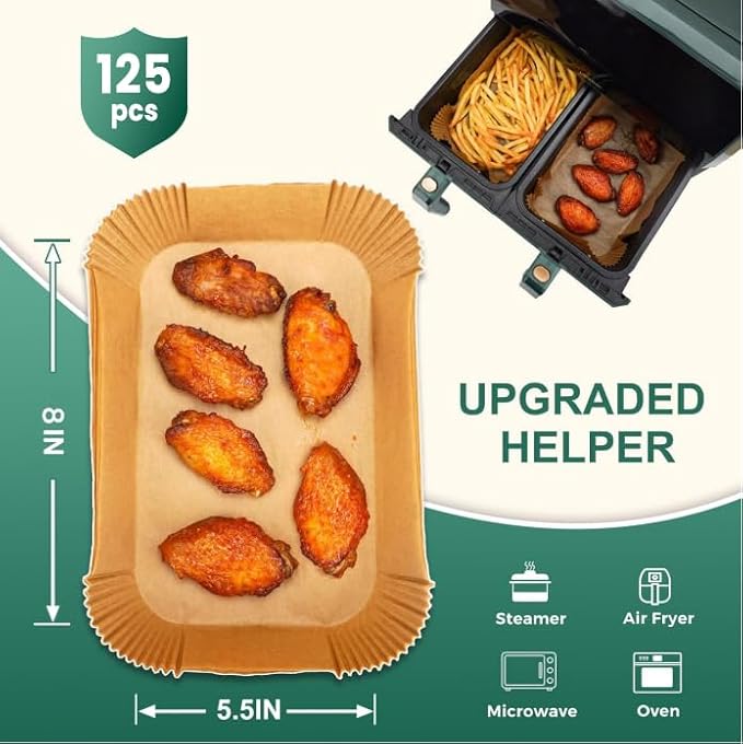 125Pcs Air Fryer Liners Disposable for Dual Basket, 8x5.5 Inch Rectangle Parchment Paper for Ninja DZ201 DZ401, Chefman/COSORI 2-Basket Air Fryer, Oil Proof Paper Liner by Vailnd