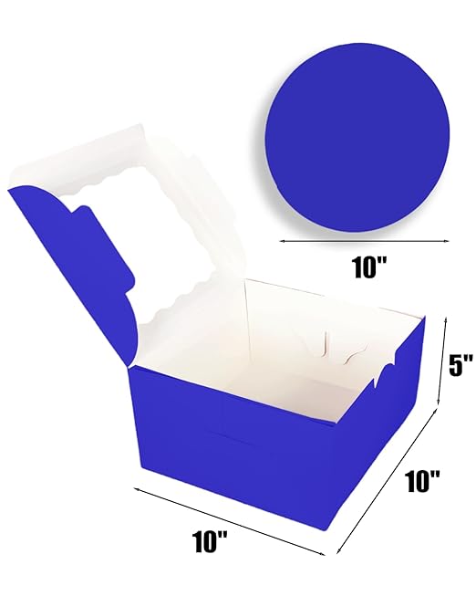 qiqee 10x10x5 Cake Box, 18 Sets Gemstone Blue Cake Box with Window & 18 Sets 10" Gemstone Blue Cake Round Boards, 10inch Cake Containers