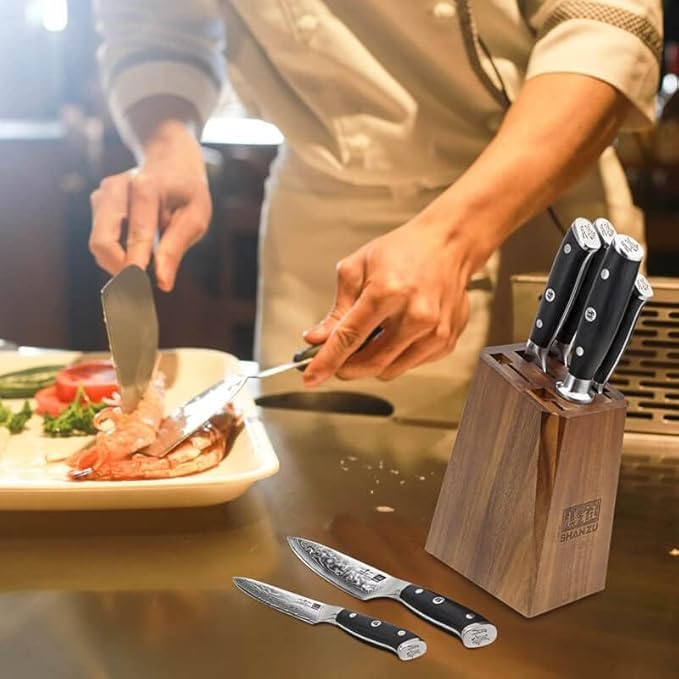 SHAN ZU Damascus Kitchen Knife Set, 7-Piece Professional Knife Sets for Chefs, Japanese Super Steel Damascus Kitchen Knife Set With G10 Handle Knife Block Set