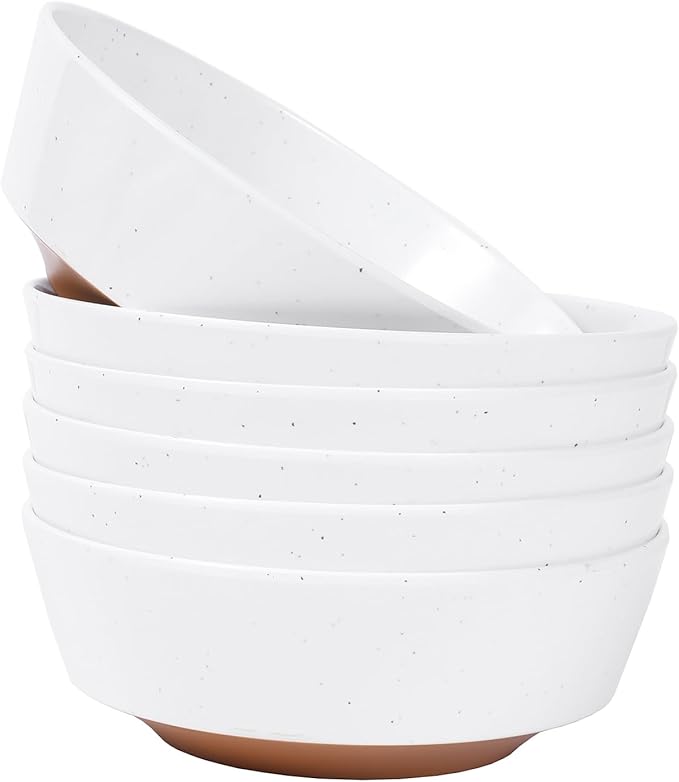 Webbylee 6-inch Melamine Bowls set of 6-20-ounce Dinnerware Cereal Bowls for Soup, Salad & Dessert | Dishwasher Safe & Space Saving (White/Brown)
