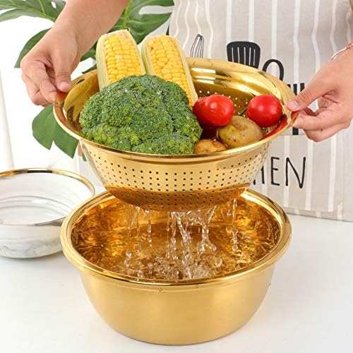 TEHAHA Colander Set With Peeler,3 in 1 Strainer for Kitchen: Stainless Steel Vegetable Slicer,Large Capacity Drain Basket With Mixing Bowl For Washing Vegetables, Fruit, Rice,Dishwasher Safe,Gold.