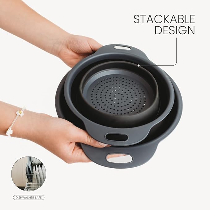 Collapsible Colander | 2-Pack Black Collapsible Strainer for Pasta, Fruits, & Vegetables | Compact Silicone Strainer Ideal for Straining all Sorts of Foods | Strainer for Everyday Use Medium