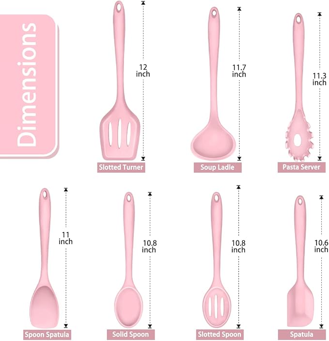 P&P CHEF Silicone Cooking Utensils Set of 7, Heat-proof Kitchen Utensils Set for Nonstick Cookware, Non-stick Spatula, Slotted Turner, Soup Ladle, Pasta Server, Spoon for Cooking Serving - Pink