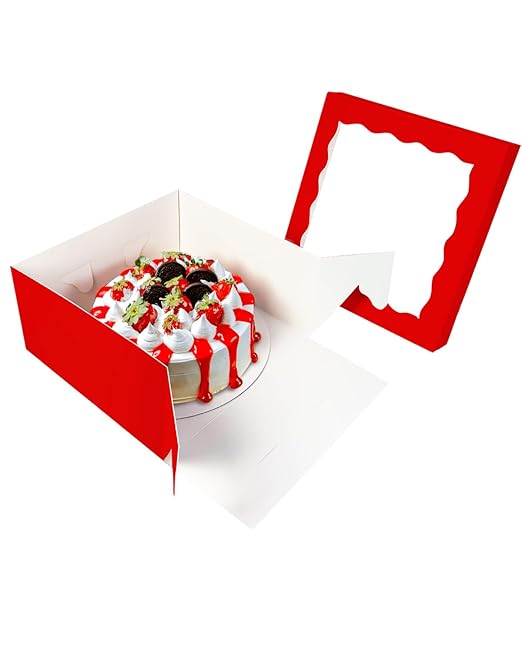 qiqee 12x12x6 Cake Box, 18 Sets Red Cake Box with Window & 18 Sets 12" Red Cake Round Boards, 12inch Cake Containers