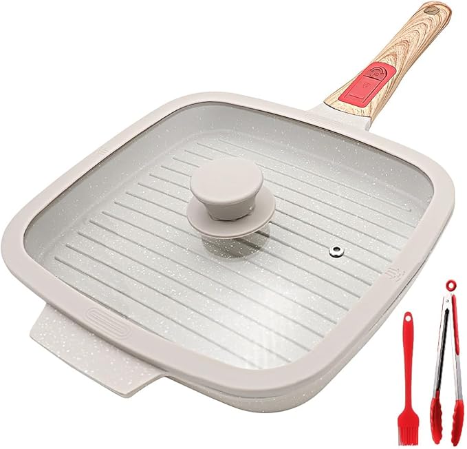 Griddle Pan with Lid, 10 Inch Cast Aluminium Non Stick Steak Pan with Detachable Handle for Induction Hob, White