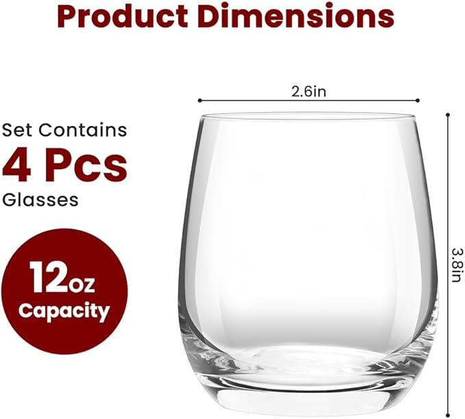 12 Ounce Stemless Wine Glasses/Whiskey Glasses/Beverage Glasses, Set of 4 Great For Drinking Wine, Whiskey or Juice, Versatile Glass Cups/Glassware Sets/Glass Tumblers