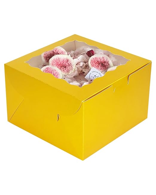 qiqee 10x10x5 Cake Box, 18 Sets Gold Cake Box with Window & 18 Sets 10" Gold Cake Round Boards, 10inch Cake Containers