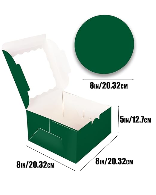 qiqee 8x8x5 Cake Box, 18 Sets Green Cake Box with Window & 18 Sets 8" Green Cake Round Boards, 8inch Cake Containers