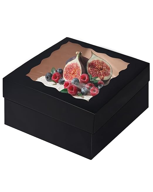qiqee 12x12x6 Cake Box, 18 Sets Black Cake Box with Window & 18 Sets 8" Cake Round Boards, 8inch Cake Containers, 10 Meters Silk Ribbon