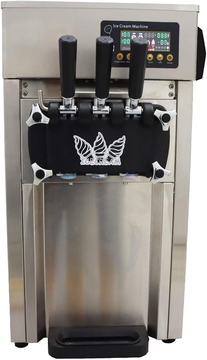 Commercial Soft Serve Ice Cream Machine 3 Flavor Ice Cream Maker Sorbet Frozen Yogurt Gelato LED Display Desktop Type 1200W 110V