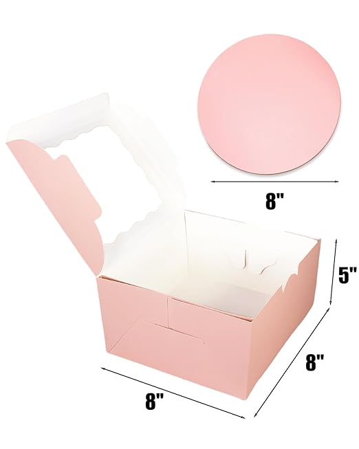 qiqee 8x8x5 Cake Box, 18 Sets Pink Cake Box with Window & 18 Sets 8" Pink Cake Round Boards, 8inch Cake Containers