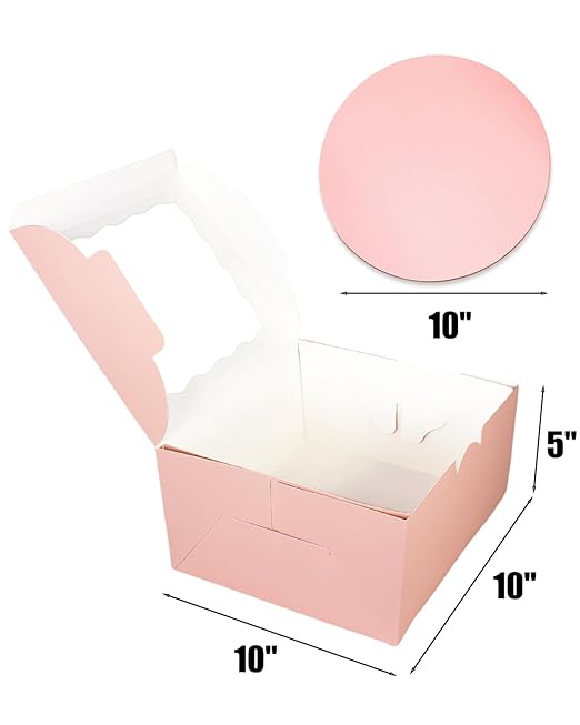 qiqee 10x10x5 Cake Box, 18 Sets Pink Cake Box with Window & 18 Sets 10" Pink Cake Round Boards, 10inch Cake Containers