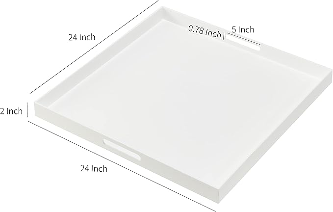 Oversize Extra Large King Size Bed Tray for eating Big Glossy White Acrylic Serving Tray with Handles 24x24 Inch -Spill Proof- Decorative Countertop Organizer for Ottoman,Bed,Party, Butler Tray