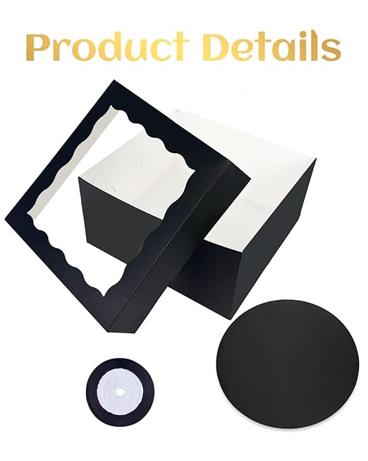 qiqee 12x12x6 Cake Box, 18 Sets Black Cake Box with Window & 18 Sets 8" Cake Round Boards, 8inch Cake Containers, 10 Meters Silk Ribbon