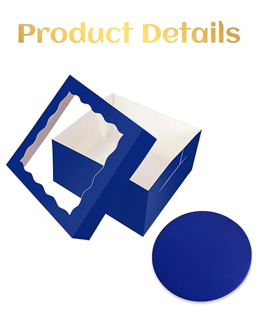 qiqee 12x12x6 Cake Box, 18 Sets Deep Blue Cake Box with Window & 18 Sets 12" Deep Blue Cake Round Boards, 12inch Cake Containers