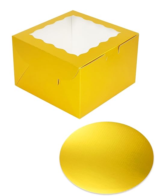 qiqee 10x10x5 Cake Box, 18 Sets Gold Cake Box with Window & 18 Sets 10" Gold Cake Round Boards, 10inch Cake Containers