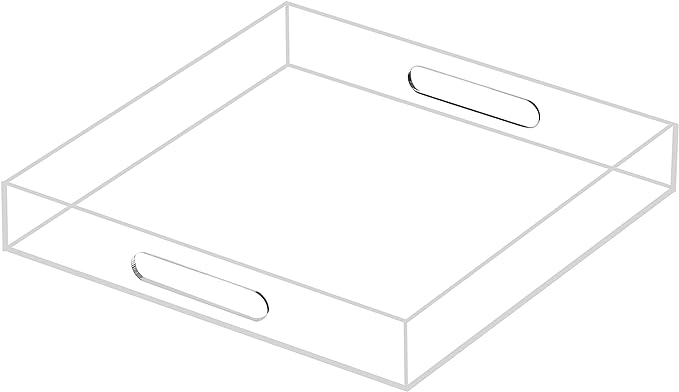 Clear Sturdy Acrylic Serving Tray with Handles 12x12x2H Inches -Spill Proof- Decorative Trays Countertop Organizer for Ottoman Coffee Table Nightstand, sidetable, Breakfast, Tea, Food