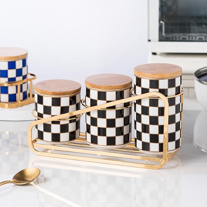 Kitchen Countertop Ceramic Checkered Canisters Set, 3Pcs Grid Pattern Kitchen Jars with Layered Shelves, Sealed Countertop Flour and Sugar Containers, Coffee and Tea Storage
