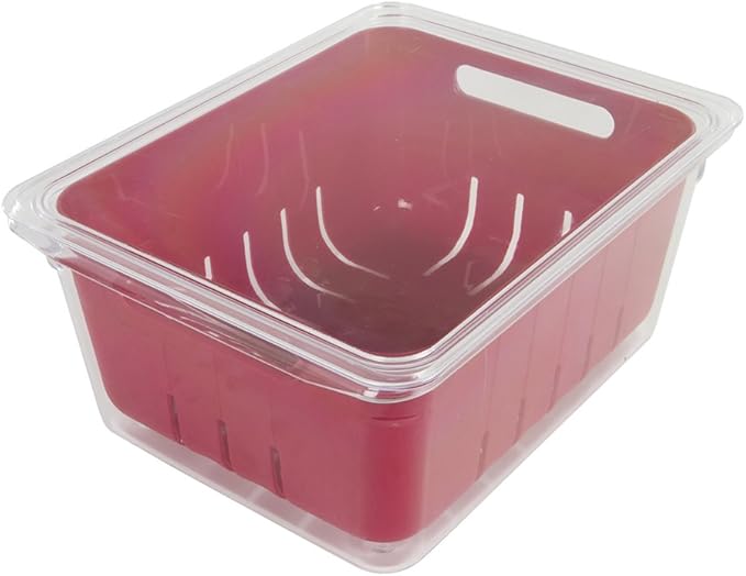 Kitchen Spaces KSCB12-AMZ Colander Bin Stackable Food Storage Organizer for Fridge, Freezer, and Pantry, 8.8" x 6.8" x 3.9", Red & Clear