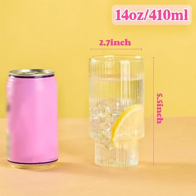 Ribbed Drinking Glasses Set of 6, 14oz Water Glasses,Vintage Glass Cups,Clear Glass Tumbler,Ribbed Glassware for Cocktail,Iced Coffee,Juice,Mojito,Decor,Gifts