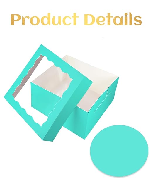 qiqee 12x12x6 Cake Box, 18 Sets Mint Blue Cake Box with Window & 18 Sets 12" Mint Blue Cake Round Boards, 12inch Cake Containers