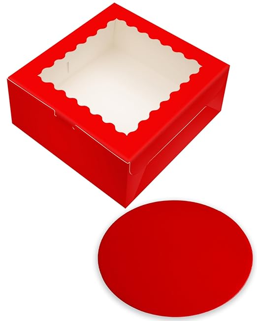 qiqee 8x8x5 Cake Box, 18 Sets Red Cake Box with Window & 18 Sets 8" Red Cake Round Boards, 8inch Cake Containers