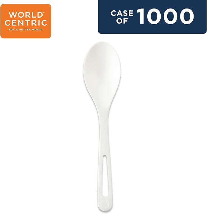 World Centric Compostable Spoon 6" - Made from Plants and Minerals, White TPLA - 1000 Pack