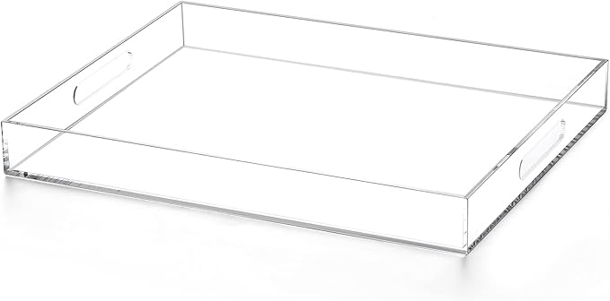Modern Acrylic Ottoman Tray with Cutout Handles, Acrylic Serving, Organizer Decorative for Living Room, Bedroom,Bathroom and Kitchen Tabletop (Clear, 11x14 Inch)