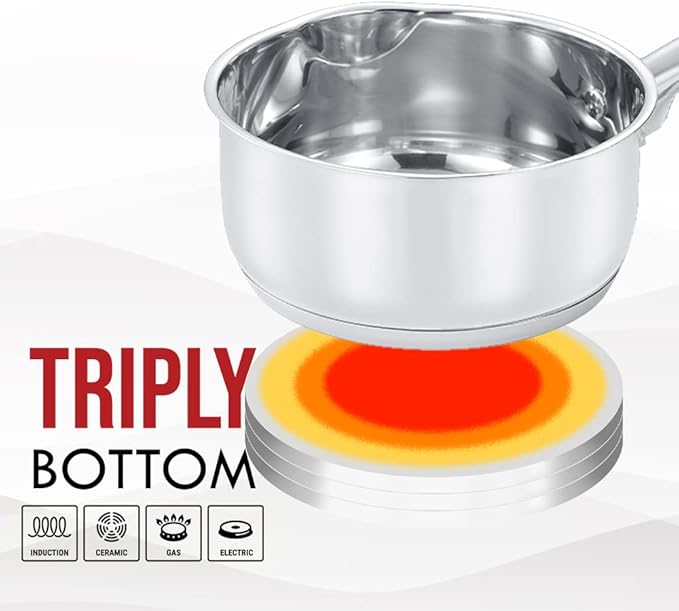 Concord 2 Quart Stainless Steel Saucepan with SIMPLE POUR Vented Glass Lid. Features Dual Pouring Spouts and Volume Marking. Perfect for making Sauces, Jam, Ramen, and more