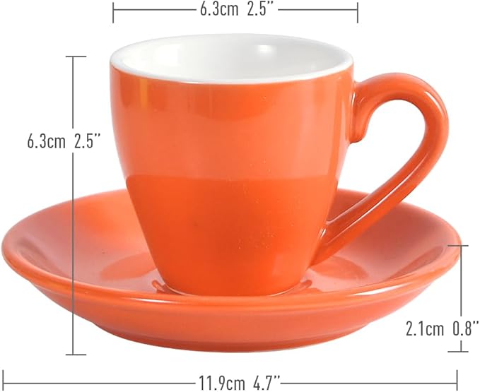 Porcelain Espresso Cup with Saucer And Stainless Steel mini Spoons, Espresso shot Cup, 80ml/2.7Oz, Pack of 2, Orange
