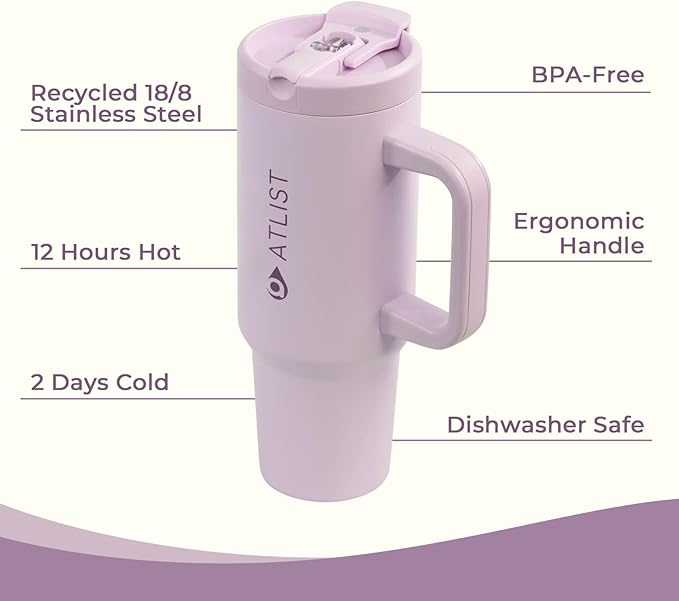 100% Leakproof 40 oz Tumbler with Handle & 4-in-1 SipSwig Lid, Built-In Flip Straw & External Stainless Steel Straw, Insulated Stainless Steel Cup, BPA-Free, Purple