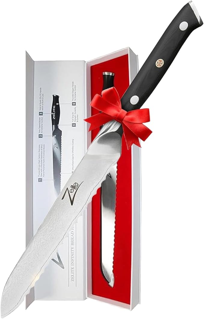 Zelite Infinity 5.5 Inch Serrated Bread Knife for Homemade Bread - Razor Sharp Japanese AUS-10 Super Steel 67-layer Damascus Knife; Sourdough Bread Knife & Bread Cutting Knife - Luxurious Gift Box