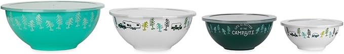 Camco Nesting Bowl Set with Lids - Features Life is Better at The Campsite Design - Camping Dishware Set Includes 4 Durable Melamine Bowls with 4 Plastic Lids - Camping Kitchen Essentials(53451)