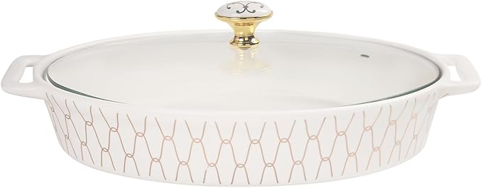 10" x 7" Ceramic Oval Casserole Dish with Glass Lid, 30 Ounce Serving Soup Tureen,Chafing Dish for Buffet, Family Food preserve Tray, Catering Casserole for Party Style