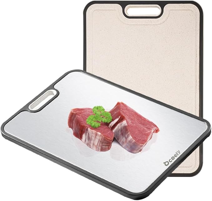 Titanium Cutting Boards for Kitchen – Dual-Sided Solid Titanium & Wheat Straw PP, Large Food-Safe Cutting Board with Juice Groove & Garlic Grinder for Meat, Veggies, Commercial or Home Use, 15”×11”