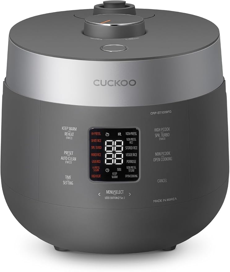 CUCKOO CRP-ST1009FG 10-Cup (Uncooked) / 20-Cup (Cooked) Twin Pressure Rice Cooker & Warmer with Nonstick Inner Pot, 16 Menu Modes, 3 Voice Guide, Auto Clean (Gray)
