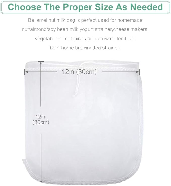 2 pack - XL 12"x12" Nut Milk Bags Reusable Food Strainers Nut Bags For Almond/Soy Milk Greek Yogurt Professional for Cold Brew Coffee Tea Beer Celery Juice Fine Nylon Mesh