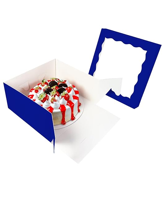 qiqee 12x12x6 Cake Box, 18 Sets Gemstone Blue Cake Box with Window & 18 Sets 12" Gemstone Blue Cake Round Boards, 12inch Cake Containers