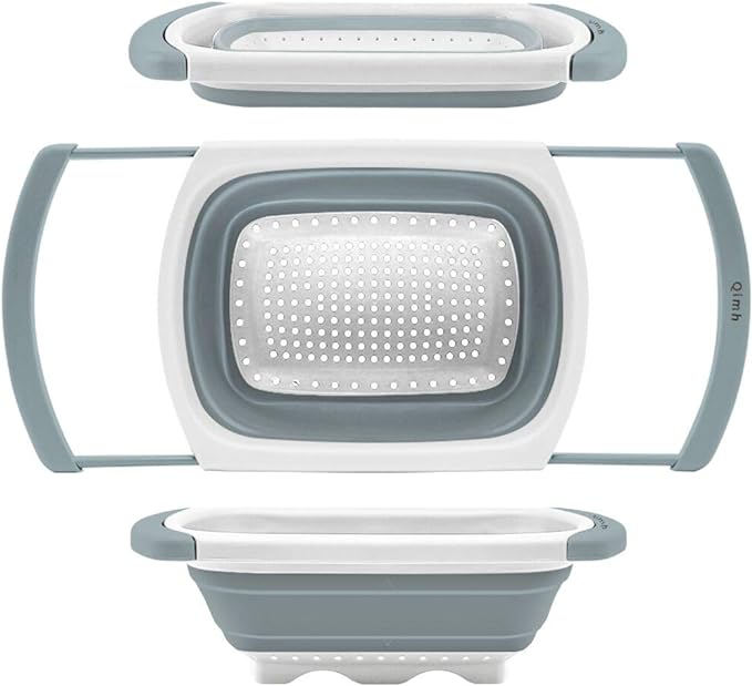 Qimh Collapsible Colander | Over The Sink Silicone Kitchen Strainers and Colanders with Extendable Handles | Veggies, Fruit and Pasta Foldable Strainer for Kitchen, 6-Quart, BPA Free