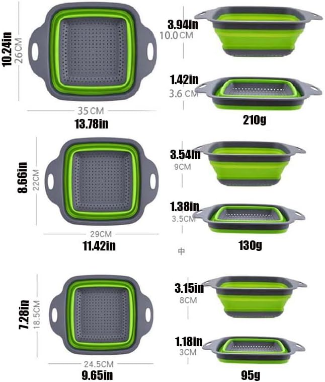 Collapsible Colander Set of 3 Square Silicone Kitchen Strainer Set 1 pcs 9.6 Quart, 1 pcs 6 Quart,1 pcs 4 Quart Perfect for Draining Pasta, Vegetable and fruit for Kitchen and Travel Use