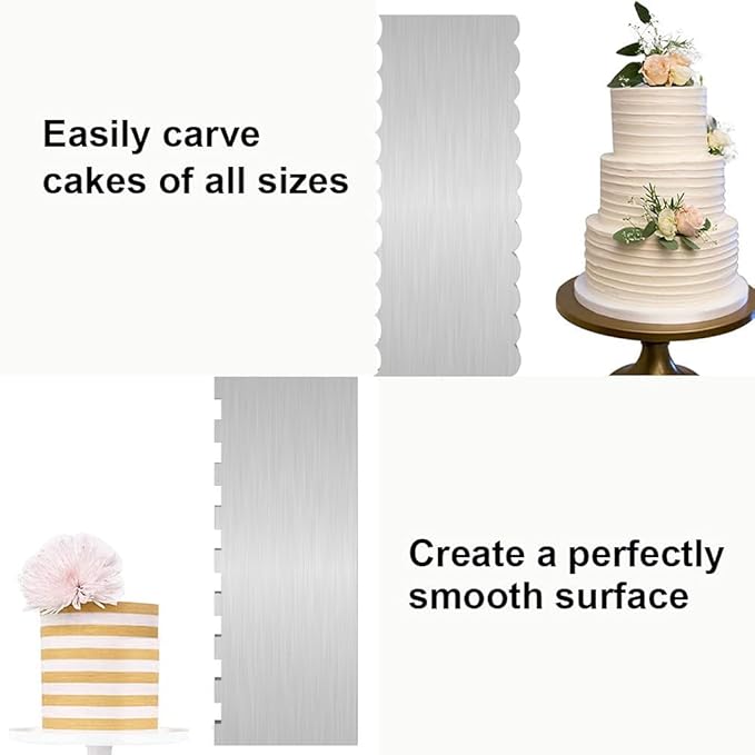 2 Pc Stainless Steel Cake Scraper Cake Decorating Tools Edge Side Jagged Wave Double Sided Patterned Comb Metal Cake Carving Smoothing Cream Pastry Baking(CS-21,CS-25)
