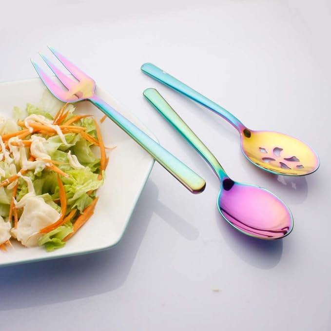 Rainbow Serving Spoons*2 Slot Spoons* 2 Forks *2 Buffet Colander Stainless Steel Banquet Set, Set of 6. Lenght 9" (6-rainbow spoon forks set)