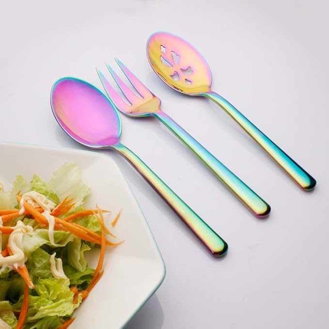 Rainbow Serving Spoons*2 Slot Spoons* 2 Forks *2 Buffet Colander Stainless Steel Banquet Set, Set of 6. Lenght 9" (6-rainbow spoon forks set)