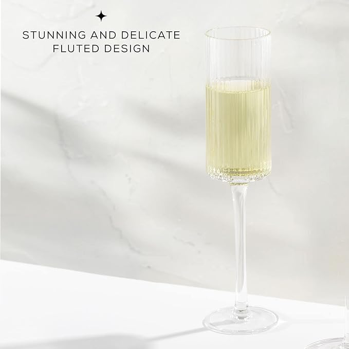 JoyJolt Elle 5.7oz Champagne Glasses, Fluted Glass Flute Set of 2, Vintage Style Unique Drinking Cocktail and Mimosa Glasses, Wedding Champagne Flutes
