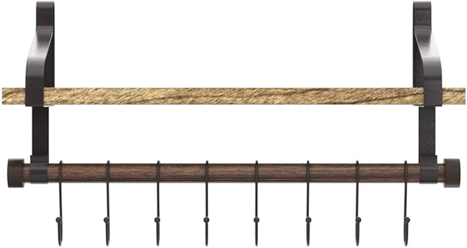 Love-KANKEI Floating Shelf Wall Shelf for Storage Rustic Wood Kitchen Spice Rack with Towel Bar and 8 Removable Hooks for Organize Cooking Utensils or Mugs Carbonized Black/Brown Brackets