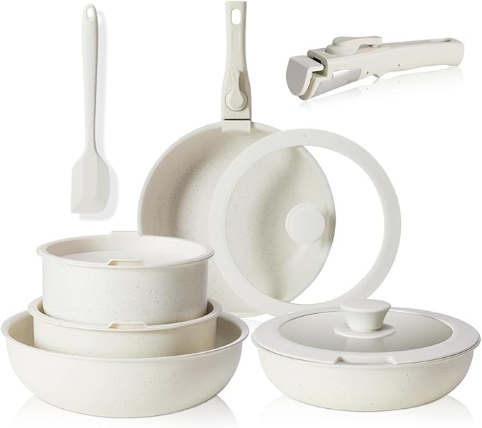 12 Pcs Pots and Pans Set, Nonstick Kitchen Cookware Sets Detachable Handle, Induction Healthy Non Stick RV Cookware, Dishwasher & Oven Safe, Beige