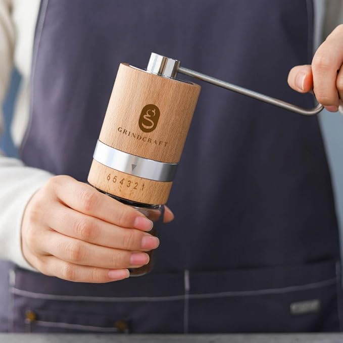 Premium Manual Burr Coffee Grinder - Made with real Beechwood; Hand Coffee Grinder with Stainless Steel Burr Mill; Extra-Fine to Coarse Coffee & Espresso Burr Grinder (Light Brown)