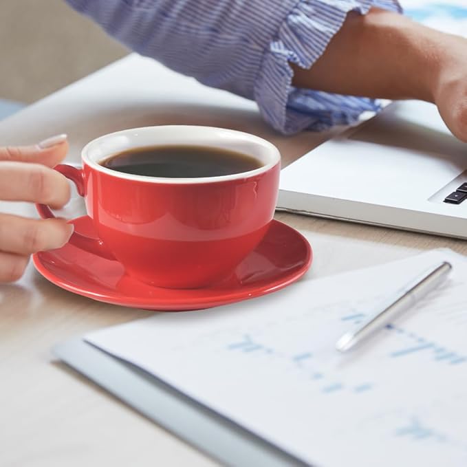 Porcelain Coffee Cup with Saucer 220ml/7.3oz for Cappuccino, Latte, and Tea, Red