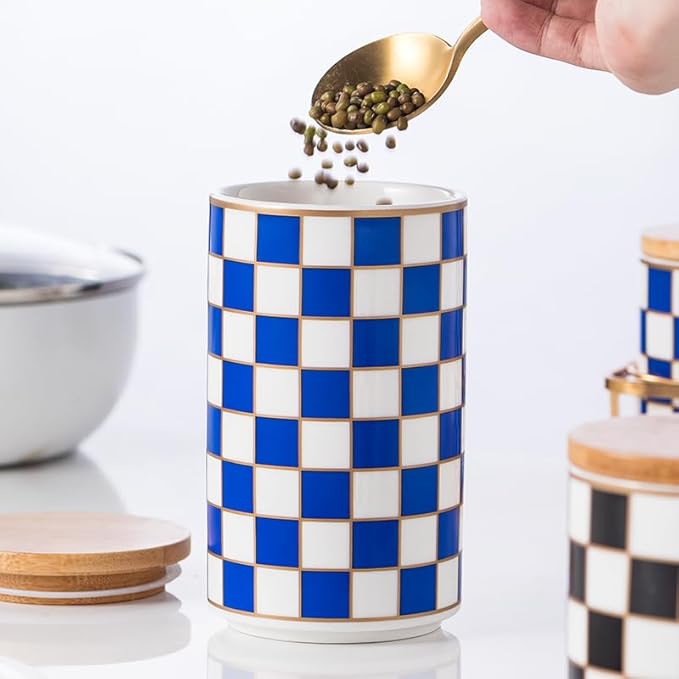 Kitchen countertop ceramic grid pattern airtight jar set - a set of 3 kitchen jars with layered shelves, sealed countertop flour and sugar containers, coffee and tea storage (Blue)