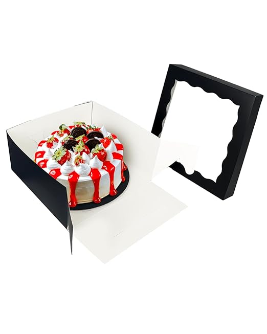qiqee 12x12x6 Cake Box, 18 Sets Black Cake Box with Window & 18 Sets 8" Cake Round Boards, 8inch Cake Containers, 10 Meters Silk Ribbon